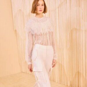 NWOT ULLA JOHNSON Viviane Cape Ruffled Chantilly Lace Blouse Iin Pearl XS $790